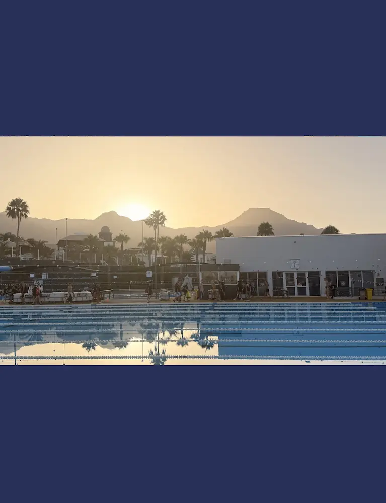 Swimming pool sunset view.